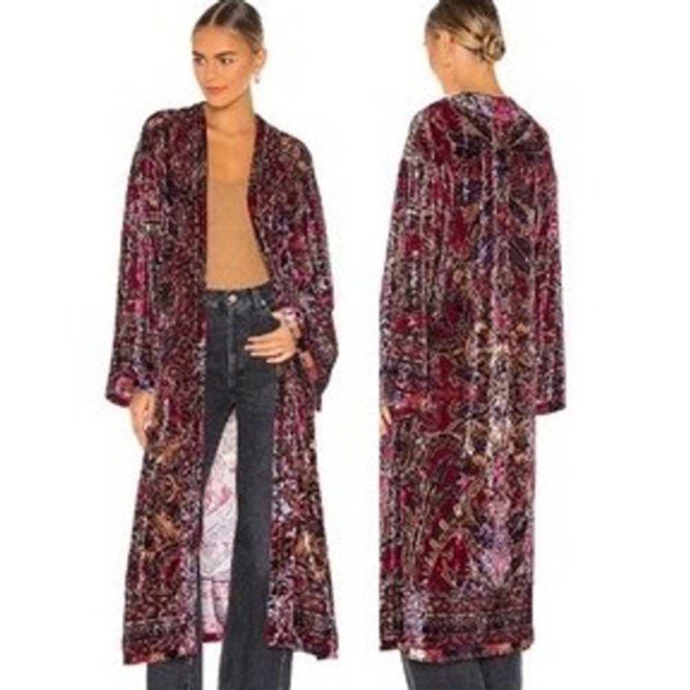 Free People Enchanted Velvet Duster Jacket Floral Kimono Fairytale Combo XS